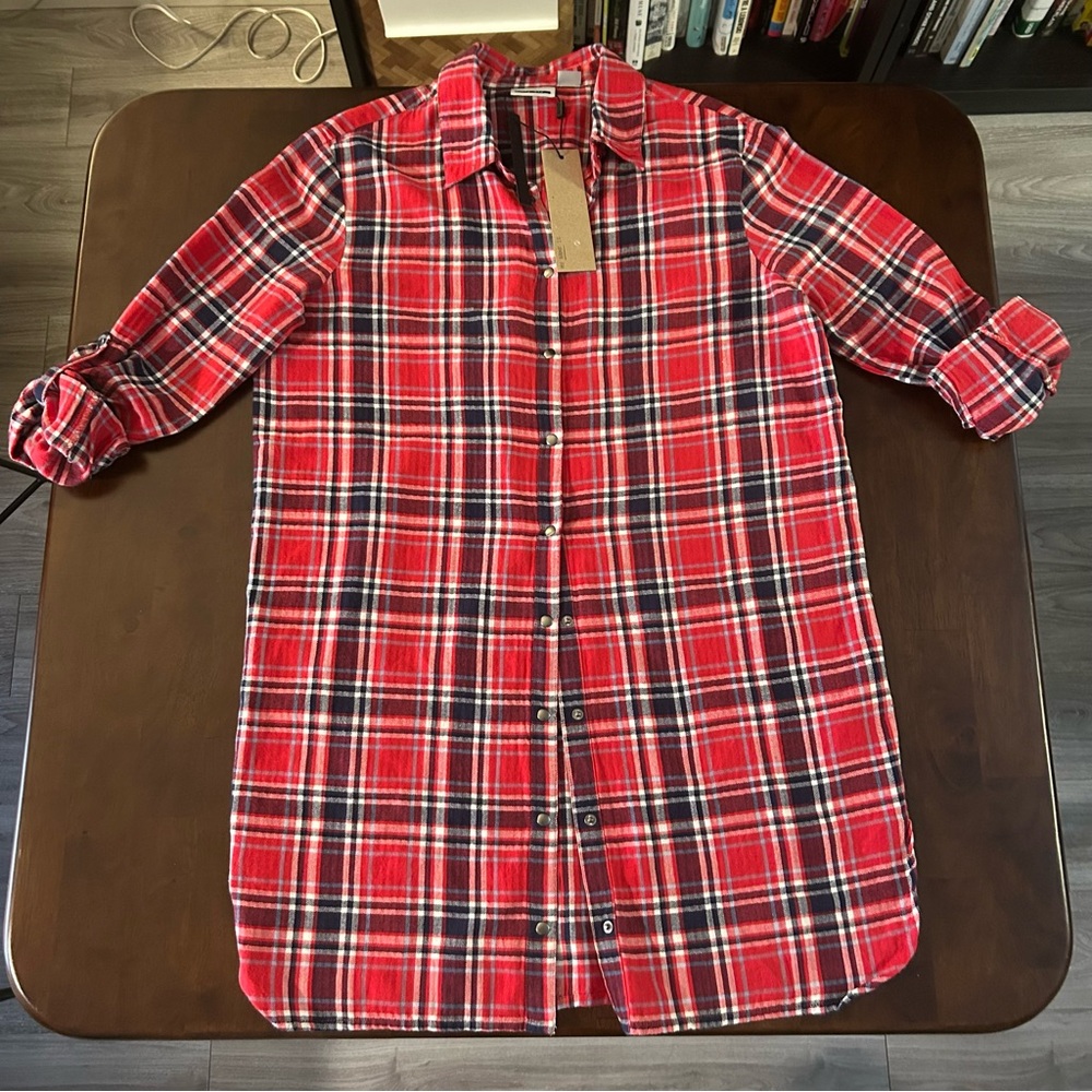 NWT Noisy May Long Sleeve Red Plaid Long Button Down Women's Top Size Small
